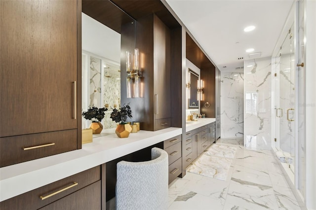 450 Knights Run Ave Unit 2004, Tampa, FL 33602 - bathroom with marble tiled floors, a marble finish shower, vanity, and recessed lighting