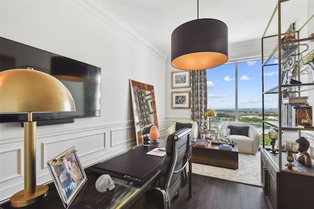 450 Knights Run Ave Unit 2004, Tampa, FL 33602 - office area featuring dark wood finished floors, a wall of windows, ornamental molding, a wainscoted wall, and a decorative wall