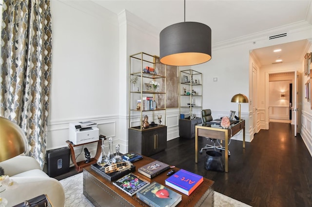 450 Knights Run Ave Unit 2004, Tampa, FL 33602 - office area featuring ornamental molding, a decorative wall, wood finished floors, and wainscoting