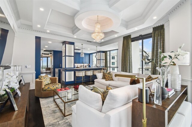 450 Knights Run Ave Unit 2004, Tampa, FL 33602 - living room with a chandelier, crown molding, recessed lighting, coffered ceiling, and wood finished floors
