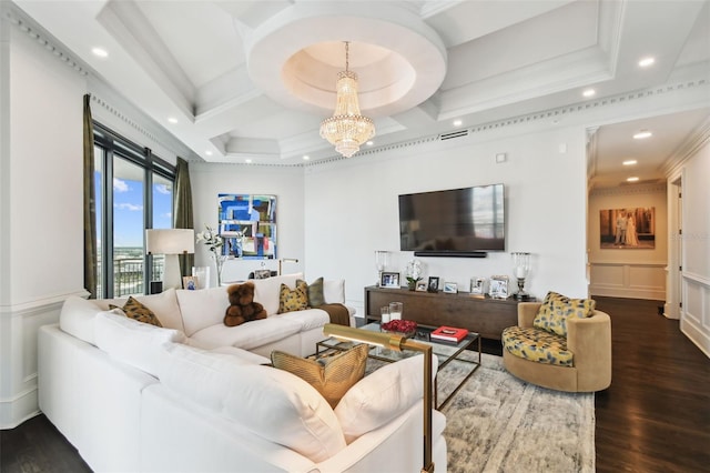 450 Knights Run Ave Unit 2004, Tampa, FL 33602 - living room featuring crown molding, recessed lighting, wood finished floors, coffered ceiling, and a chandelier
