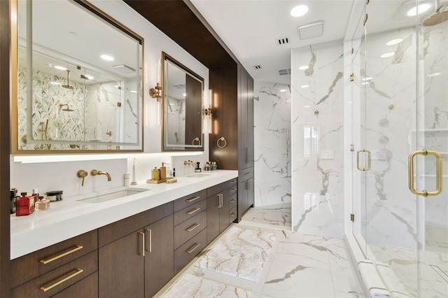 450 Knights Run Ave Unit 2004, Tampa, FL 33602 - bathroom featuring marble tiled flooring, a marble finish shower, double vanity, and recessed lighting