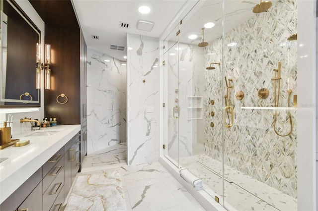 450 Knights Run Ave Unit 2004, Tampa, FL 33602 - full bath featuring a marble finish shower, double vanity, marble tiled floors, and recessed lighting