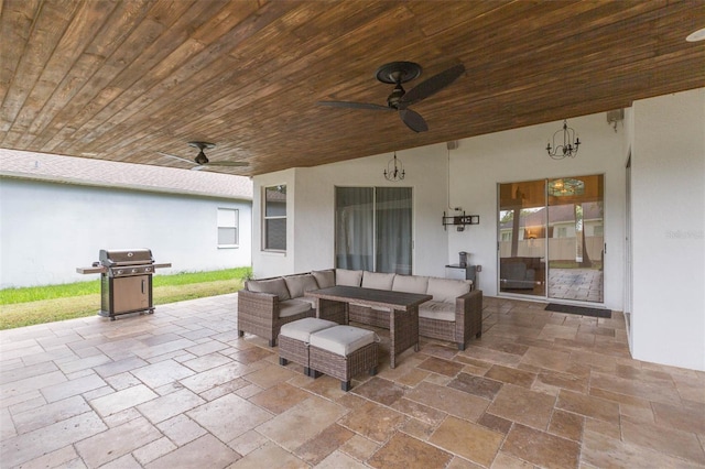 228 Taylor Bay Ln, Brandon, FL 33510 - view of patio featuring area for grilling, a ceiling fan, and outdoor lounge area