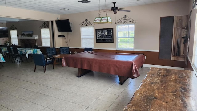 4215 E Bay Dr Unit 1805B, Clearwater, FL 33764 - playroom featuring tile patterned flooring, ceiling fan, a fireplace, and billiards table