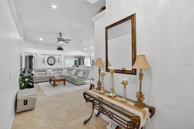 13040 Waterbourne Dr, Gibsonton, FL 33534 - living room featuring ceiling fan, light tile patterned floors, and recessed lighting