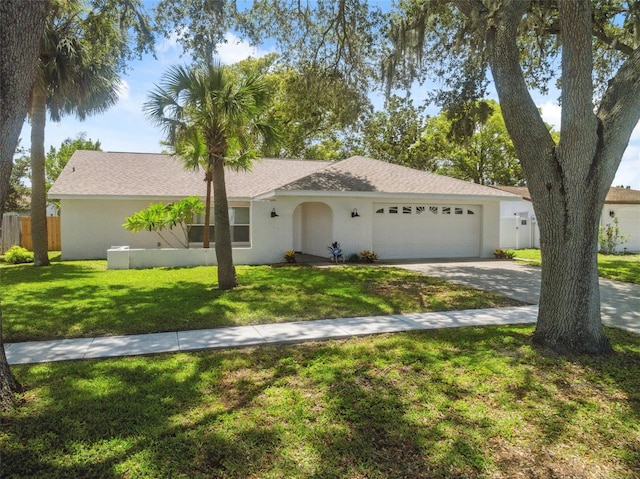 4236 Woodtrail Blvd, New Port Richey, FL 34653 - ranch-style home with stucco siding, a garage, driveway, and a shingled roof
