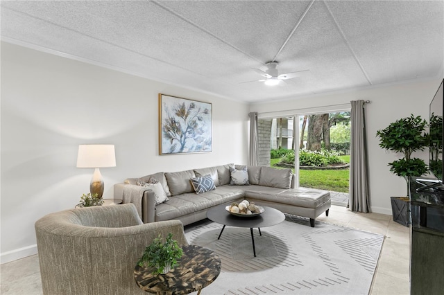 3325 Bayshore Blvd Unit E14, Tampa, FL 33629 - living area featuring a ceiling fan, light tile patterned flooring, and ornamental molding