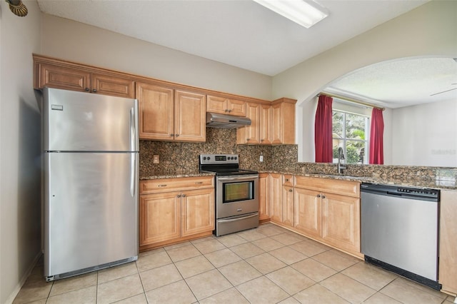 501 Royal Ridge St, Valrico, FL 33594 - kitchen featuring stainless steel appliances, decorative backsplash, under cabinet range hood, dark stone counters, and arched walkways