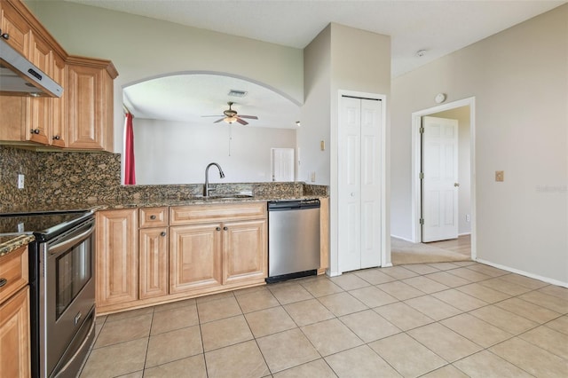 501 Royal Ridge St, Valrico, FL 33594 - kitchen featuring stainless steel appliances, range hood, arched walkways, a ceiling fan, and tasteful backsplash