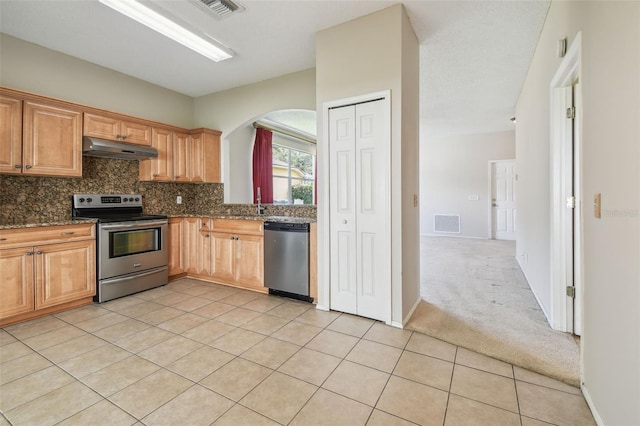 501 Royal Ridge St, Valrico, FL 33594 - kitchen with appliances with stainless steel finishes, under cabinet range hood, arched walkways, tasteful backsplash, and light tile patterned flooring