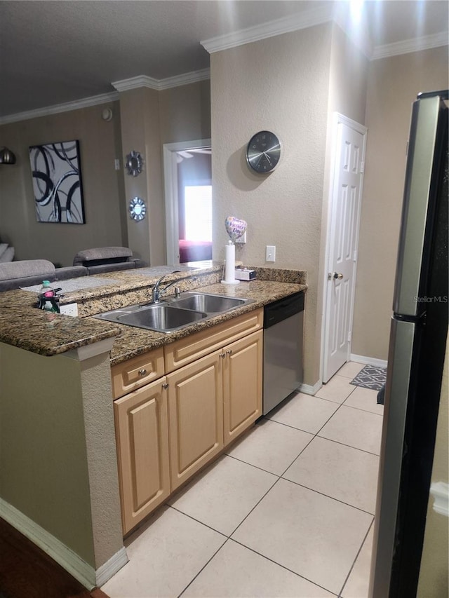 3713 Conroy Rd Unit 1922, Orlando, FL 32839 - kitchen featuring appliances with stainless steel finishes, a peninsula, ornamental molding, dark stone counters, and light tile patterned floors