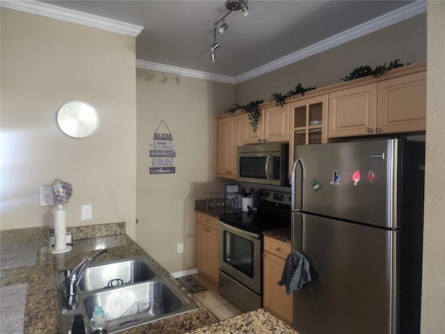 3713 Conroy Rd Unit 1922, Orlando, FL 32839 - kitchen featuring stainless steel appliances, ornamental molding, light tile patterned flooring, light brown cabinets, and glass insert cabinets
