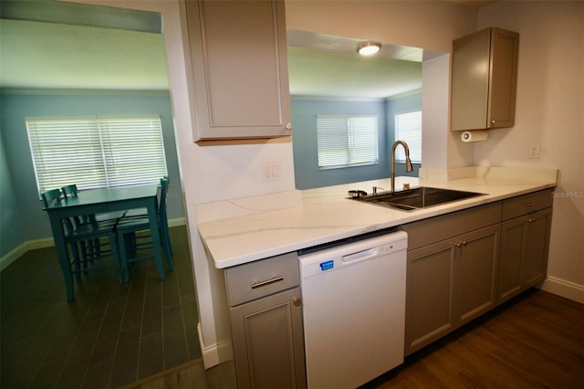 3643 Mainlands Blvd N, Pinellas Park, FL 33782 - kitchen with dishwasher, dark wood-type flooring, gray cabinets, crown molding, and light stone counters
