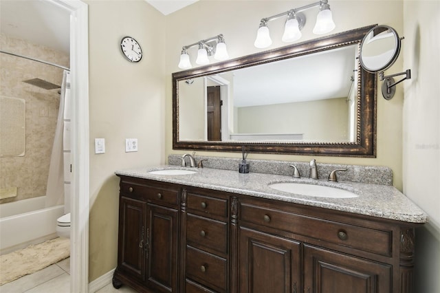 4514 John Moore Rd, Brandon, FL 33511 - full bathroom with double vanity, shower / bathtub combination with curtain, and tile patterned floors