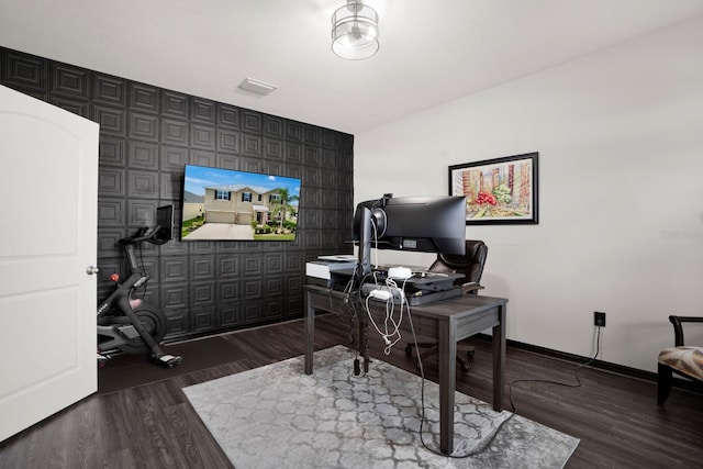 15206 Trinity Fall Way, Bradenton, FL 34212 - office featuring wallpapered walls, an accent wall, and wood finished floors