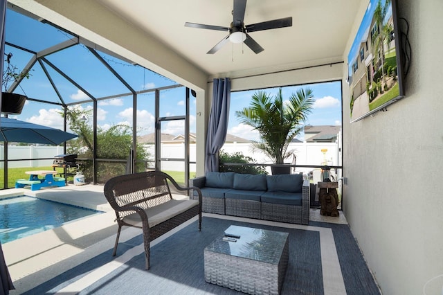 15206 Trinity Fall Way, Bradenton, FL 34212 - sunroom / solarium featuring ceiling fan and an outdoor living space