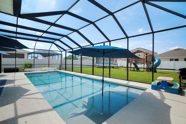 15206 Trinity Fall Way, Bradenton, FL 34212 - view of pool featuring a playground, a fenced backyard, and a patio area