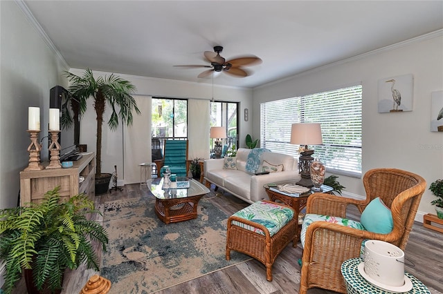 700 Starkey Rd Unit 1124, Largo, FL 33771 - living area featuring a ceiling fan, wood finished floors, and crown molding