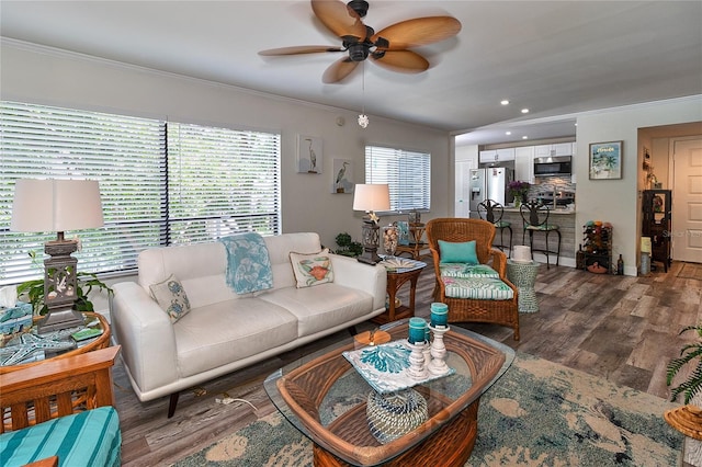 700 Starkey Rd Unit 1124, Largo, FL 33771 - living area with ceiling fan, crown molding, wood finished floors, and recessed lighting
