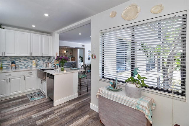 700 Starkey Rd Unit 1124, Largo, FL 33771 - kitchen featuring decorative backsplash, a peninsula, stainless steel dishwasher, dark wood-type flooring, and light countertops