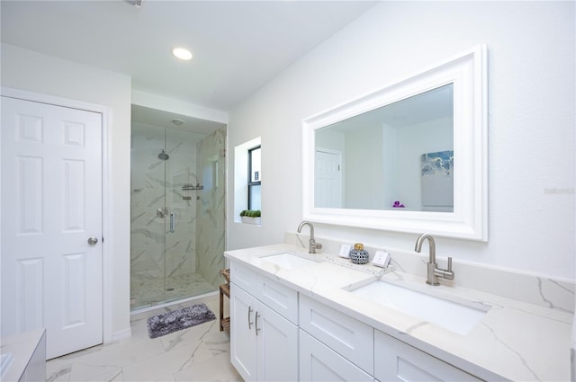 4504 Grainary Ave, Tampa, FL 33624 - bathroom featuring a marble finish shower, marble finish floors, double vanity, and recessed lighting