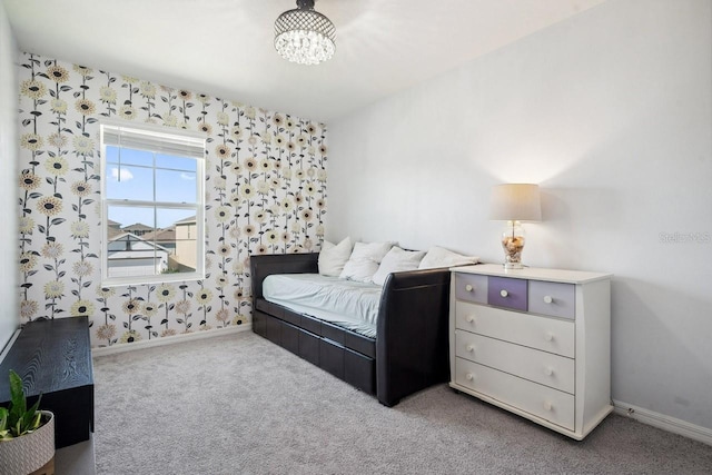 16051 Soft Fern Trce, Odessa, FL 33556 - carpeted bedroom with wallpapered walls and a chandelier