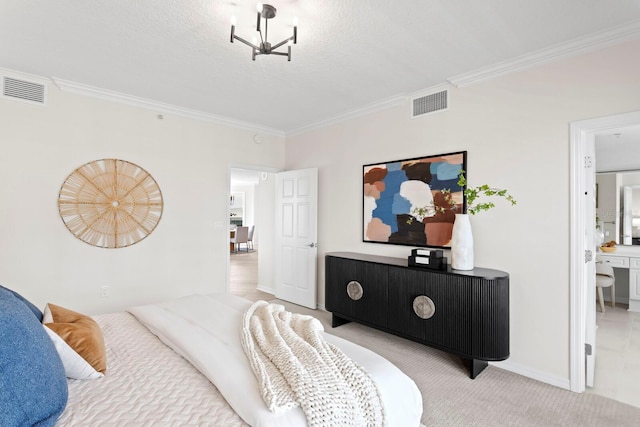 371 Channelside Walk Way Unit 1104, Tampa, FL 33602 - bedroom with crown molding, a chandelier, carpet flooring, and a textured ceiling