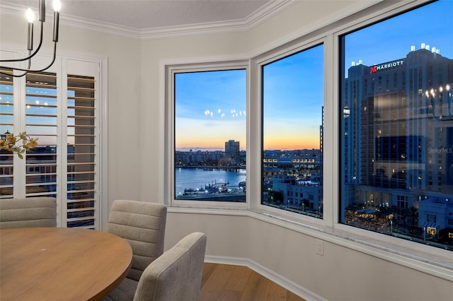 371 Channelside Walk Way Unit 1104, Tampa, FL 33602 - dining area featuring wood finished floors, crown molding, a view of city, and a water view