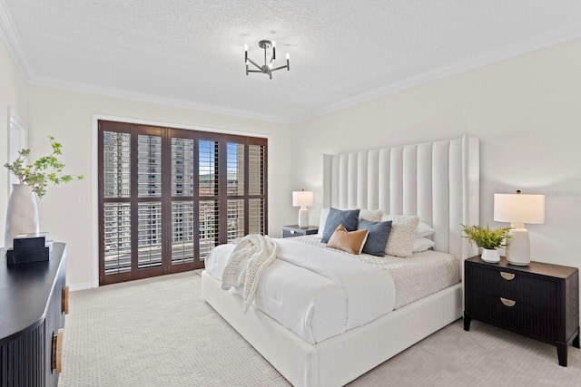 371 Channelside Walk Way Unit 1104, Tampa, FL 33602 - bedroom featuring crown molding, light carpet, a chandelier, and a textured ceiling
