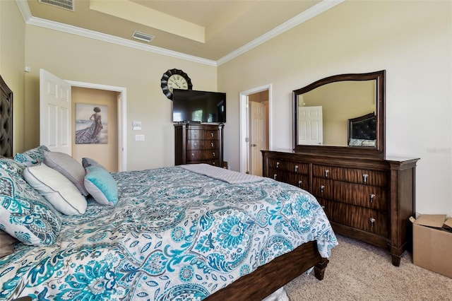 6934 Old Benton Dr, Apollo Beach, FL 33572 - bedroom with a tray ceiling, light carpet, and ornamental molding