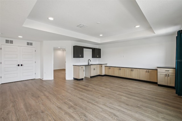 33157 Rosewood Bark Way, Wesley Chapel, FL 33545 - kitchen with a raised ceiling, recessed lighting, and light wood-style flooring