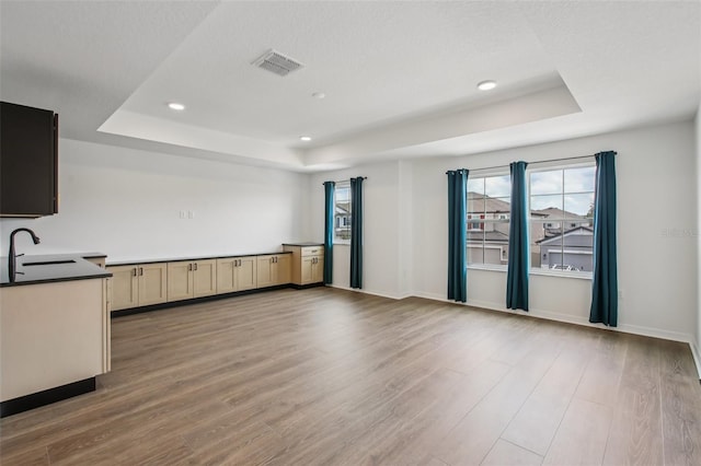 33157 Rosewood Bark Way, Wesley Chapel, FL 33545 - unfurnished living room with a tray ceiling, wood finished floors, and recessed lighting