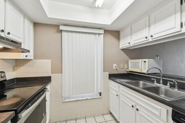 8030 San Bernardino Dr, Port Richey, FL 34668 - kitchen featuring stainless steel electric stove, under cabinet range hood, white microwave, dark countertops, and white cabinetry