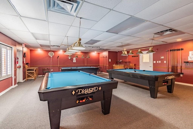 8030 San Bernardino Dr, Port Richey, FL 34668 - recreation room featuring pool table, carpet floors, and a paneled ceiling