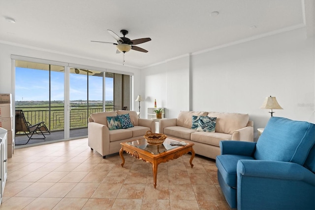 7296 Marathon Dr Unit 603, Seminole, FL 33777 - living room with crown molding and a ceiling fan