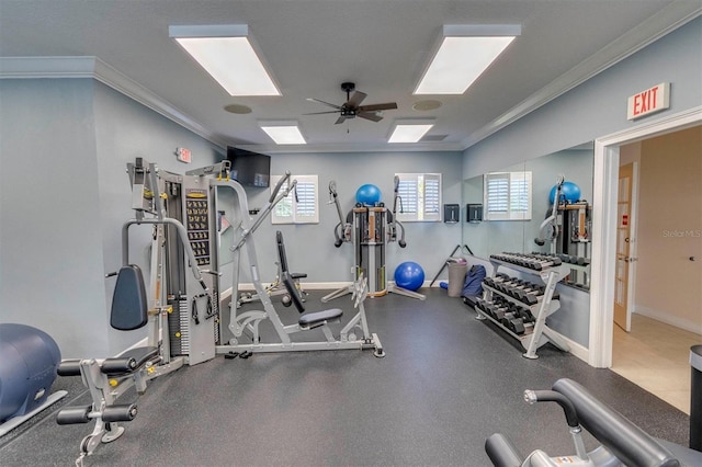 7296 Marathon Dr Unit 603, Seminole, FL 33777 - gym featuring crown molding, a ceiling fan, and a skylight