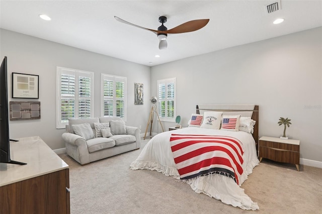 5426 Wayfarer Ave, Apollo Beach, FL 33572 - bedroom featuring light colored carpet, recessed lighting, and a ceiling fan