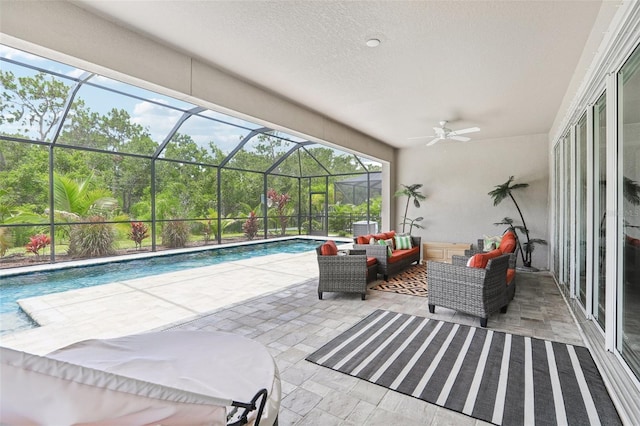 5426 Wayfarer Ave, Apollo Beach, FL 33572 - view of patio with an outdoor hangout area, an outdoor pool, ceiling fan, and glass enclosure