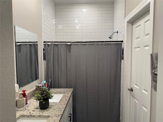 4043 SW 156th Pl, Ocala, FL 34473 - bathroom with double vanity and a shower with shower curtain