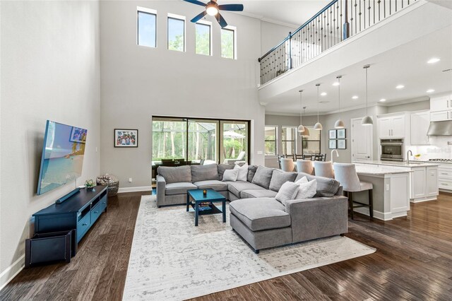 1507 Amarone Pl, Lutz, FL 33548 - living area with a ceiling fan, crown molding, a high ceiling, dark wood finished floors, and plenty of natural light