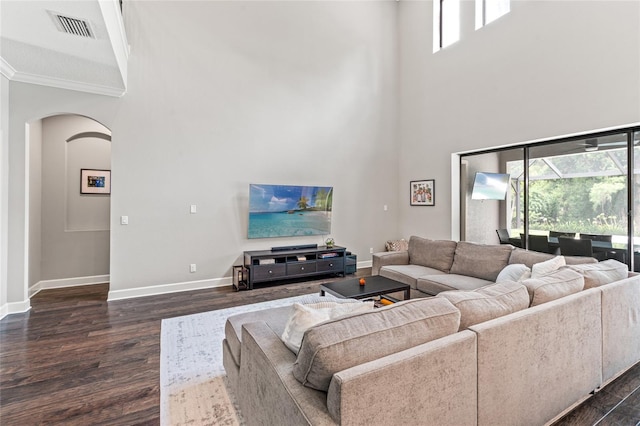 1507 Amarone Pl, Lutz, FL 33548 - living area featuring a high ceiling, arched walkways, dark wood-style floors, ornamental molding, and healthy amount of natural light