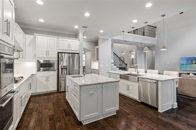 1507 Amarone Pl, Lutz, FL 33548 - kitchen featuring stainless steel appliances, a kitchen island with sink, ornamental molding, dark wood finished floors, and recessed lighting
