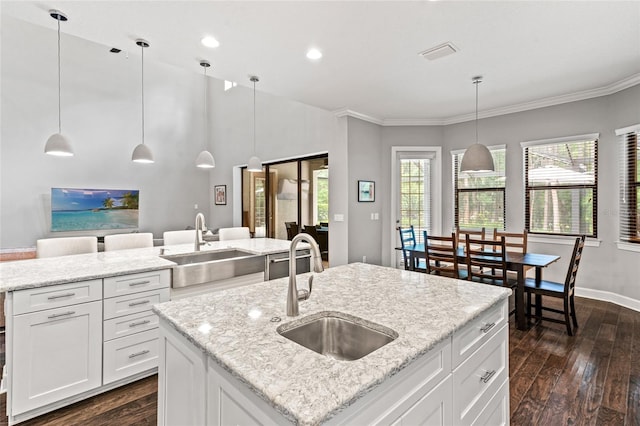 1507 Amarone Pl, Lutz, FL 33548 - kitchen with a center island with sink, dark wood-type flooring, hanging light fixtures, ornamental molding, and white cabinetry