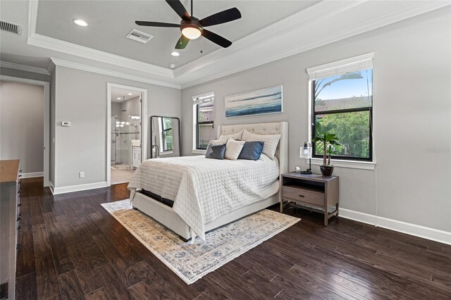 1507 Amarone Pl, Lutz, FL 33548 - bedroom featuring a tray ceiling, ornamental molding, wood finished floors, recessed lighting, and ceiling fan