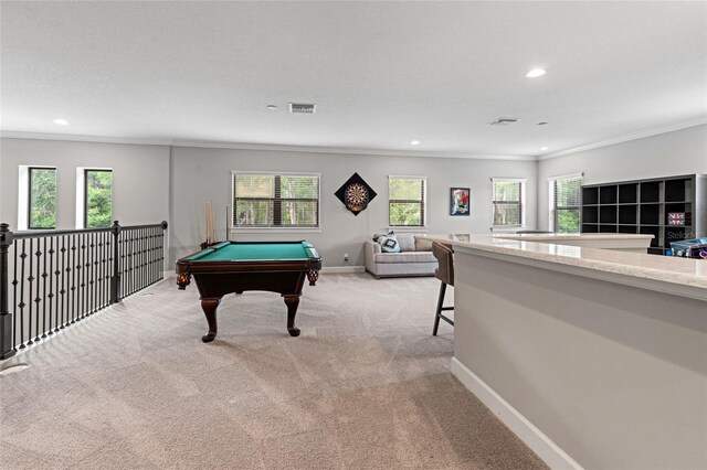 1507 Amarone Pl, Lutz, FL 33548 - game room featuring ornamental molding, recessed lighting, light carpet, plenty of natural light, and billiards table