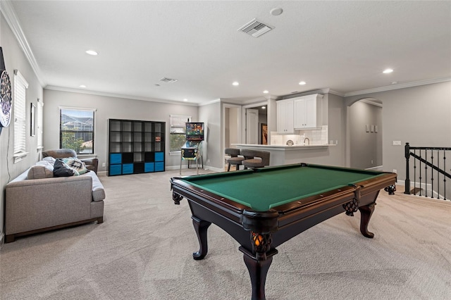 1507 Amarone Pl, Lutz, FL 33548 - playroom with light colored carpet, arched walkways, crown molding, recessed lighting, and pool table