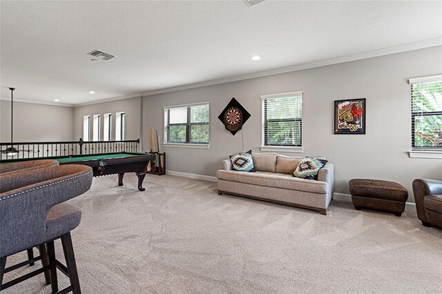 1507 Amarone Pl, Lutz, FL 33548 - rec room with crown molding, carpet floors, pool table, and recessed lighting