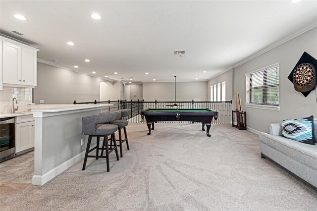 1507 Amarone Pl, Lutz, FL 33548 - recreation room featuring light colored carpet, ornamental molding, recessed lighting, beverage cooler, and billiards