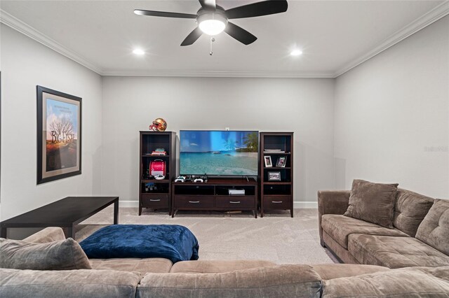 1507 Amarone Pl, Lutz, FL 33548 - living area featuring light carpet, crown molding, a ceiling fan, and recessed lighting